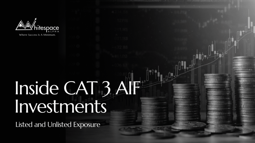 CAT 3 AIF Investment showcasing listed and unlisted exposure through stacked coins and market charts